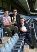 18 June 2002; Fermanagh's Rory Gallagher pictured with his Vodafone GAA All-Stars Player of the Month award for May, alongside Niall O'Sullivan, Chief Financial Officer, Vodafone, centre, and Uachtarán Cumann Lœthchleas Gael Seán McCague, at Croke Park in Dublin. Photo by Brendan Moran/Sportsfile