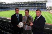 18 June 2002; Fermanagh's Rory Gallagher pictured with his Vodafone GAA All-Stars Player of the Month award for May, alongside Niall O'Sullivan, Chief Financial Officer, Vodafone, centre, and Uachtarán Cumann Lœthchleas Gael Seán McCague, at Croke Park in Dublin. Photo by Brendan Moran/Sportsfile
