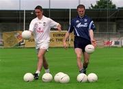 18 June 2002; Bray Emmett's GAA Club, Wicklow, in association with MBNA Europe Bank Limited have commenced the search for the longest kicker of a Gaelic Football in Ireland. Pictured during the photocall at Parnell Park in Dublin to promote the event are Kildare captain Anthony Rainbow, left, and Dublin captain Comann Goggins who attempted to kick a ball across the Liffey as they get some practise in ahead of this year's MBNA Kick Fada. Photo by Ray McManus/Sportsfile