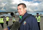 18 June 2002; Republic of Ireland goal-keeper Shay Given is interviewed at Dublin Airport after returning home from the 2002 FIFA World Cup Finals in South Korea and Japan. Photo by Ray McManus/Sportsfile