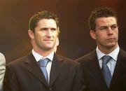 18 June 2002; Robbie Keane, left, and Ian Harte of Republic of Ireland during the Republic of Ireland homecoming in Phoenix Park, Dublin, following the 2002 FIFA World Cup Finals in South Korea and Japan. Photo by Aoife Rice/Sportsfile