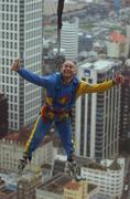 19 June 2002; Ireland prop John Hayes is pictured hanging from the Sky Tower, in Auckland City, New Zealand. The Sky Tower is the longest controlled land based adventure jump in the world at 192m. Photo by Matt Browne/Sportsfile