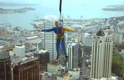 19 June 2002; Ireland's Paul O'Connell is pictured hanging from the Sky Tower, in Auckland City, New Zealand. The Sky Tower is the longest controlled land based adventure jump in the world at 192m. Photo by Matt Browne/Sportsfile