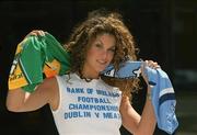 19 June 2002; Model Glenda Gilson from Castleknock, Dublin, considers who she will support ahead of this Sunday's Bank of Ireland Leinster Senior Football Championship Semi-Final at Croke Park, in Dublin. Photo by Ray McManus/Sportsfile