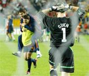 16 June 2002; Republic of Ireland goalkeeper Shay Given holds his head following his side's defeat in a penalty shoot out during their FIFA World Cup 2002 Round of 16 match against Spain at Suwon World Cup Stadium in Suwon, South Korea. Photo by David Maher/Sportsfile