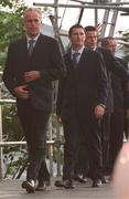 18 June 2002; Republic of Ireland manager Mick McCarthy, left, Robbie Keane, centre, and Ian Harte make their way on stage during the Republic of Ireland homecoming in Phoenix Park, Dublin, following the 2002 FIFA World Cup Finals in South Korea and Japan. Photo by Pat Murphy/Sportsfile