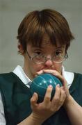 21 June 2002; Dympna Browne, from Belfast, concentrates on her shot during the 2002 Special Olympics Ireland National Games Bocce event at the RDS in Dublin. Photo by Brendan Moran/Sportsfile