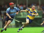 15 June 2002; David Hoey of Clare in action against David Sweeney of Dublin during the Guinness All-Ireland Senior Hurling Championship Qualifying Round 1 match between Clare and Dublin at Parnell Park in Dublin. Photo by Ray McManus/Sportsfile
