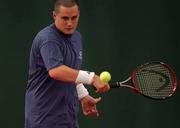 21 June 2002; Jeff Lazzarini of Luxembourg in action during the 2002 Special Olympics Ireland National Games Tennis Double semi-final event at Riverview Tennis Club in Clonskeagh, Dublin. Photo by Brendan Moran/Sportsfile