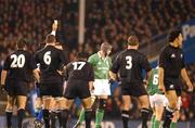 22 June 2002; Alan Quinlan of Ireland is shown a yellow card by referee Tappe Henning during the Summer Tour 2002 2nd Test match between New Zealand and Ireland at Eden Park in Auckland, New Zealand. Photo by Matt Browne/Sportsfile
