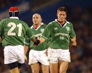 22 June 2002; Ronan O'Gara of Ireland, right, is replaced by substitute David Humpherys, left, during the Summer Tour 2002 2nd Test match between New Zealand and Ireland at Eden Park in Auckland, New Zealand. Photo by Matt Browne/Sportsfile