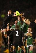 22 June 2002; Chris Jack of New Zealand contests a line-out with Malcolm O'Kelly and Gary Longwell of Ireland during the Summer Tour 2002 2nd Test match between New Zealand and Ireland at Eden Park in Auckland, New Zealand. Photo by Matt Browne/Sportsfile