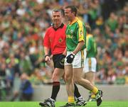 23 June 2002; Referee Pat McEnaney has a word with Meath's Evan Kelly during the Bank of Ireland Leinster Senior Football Championship Semi-Final match between Dublin and Meath at Croke Park in Dublin. Photo by Ray McManus/Sportsfile