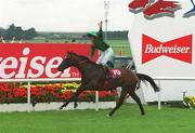1 July 2000; Jockey Johnny Murtagh celebrates aboard Sinndar as he crosses the line to win the Budweiser Irish Derby at The Curragh Racecourse in Kildare. Photo by Damien Eagers/Sportsfile