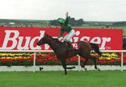 1 July 2000; Jockey Johnny Murtagh celebrates aboard Sinndar as he crosses the line to win the Budweiser Irish Derby at The Curragh Racecourse in Kildare. Photo by Damien Eagers/Sportsfile