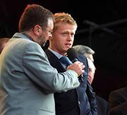 18 June 2002; Damien Duff of Republic of Ireland is interviewed by RTE's Joe Duffy during the Republic of Ireland homecoming in Phoenix Park, Dublin, following the 2002 FIFA World Cup Finals in South Korea and Japan. Photo by Pat Murphy/Sportsfile
