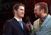 18 June 2002; Robbie Keane of Republic of Ireland is interviewed by RTE's Joe Duffy during the Republic of Ireland homecoming in Phoenix Park, Dublin, following the 2002 FIFA World Cup Finals in South Korea and Japan. Photo by Pat Murphy/Sportsfile