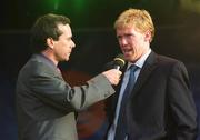 18 June 2002; Steve Staunton of Republic of Ireland is interviewed by RTE's Peter Collins during the Republic of Ireland homecoming in Phoenix Park, Dublin, following the 2002 FIFA World Cup Finals in South Korea and Japan. Photo by Pat Murphy/Sportsfile