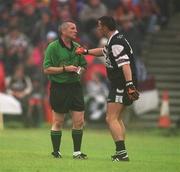 30 June 2002; Sligo's Neil Carew remonstrates with referee Jimmy McKee during the Bank of Ireland Connacht Senior Football Championship Final match between Galway and Sligo at MacHale Park in Castlebar, Mayo. Photo by David Maher/Sportsfile