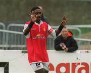 30 June 2002; Charles Livingstone Mbabazi of St Patrick's Athletic celebrates after scoring his side's first goal during the UEFA Intertoto Cup First Round Second Leg match between St Patrick's Athletic and HNK Rijeka at Richmond Park in Dublin. Photo by Pat Murphy/Sportsfile