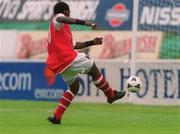 30 June 2002; Charles Livingstone Mbabazi of St Patrick's Athletic shoots to score his side's first goal during the UEFA Intertoto Cup First Round Second Leg match between St Patrick's Athletic and HNK Rijeka at Richmond Park in Dublin. Photo by Pat Murphy/Sportsfile