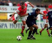30 June 2002; Tony Bird of St Patrick's Athletic in action against Mladen Ivan i  of HNK Rijeka during the UEFA Intertoto Cup First Round Second Leg match between St Patrick's Athletic and HNK Rijeka at Richmond Park in Dublin. Photo by Pat Murphy/Sportsfile