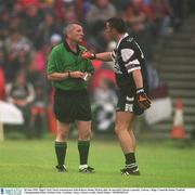 30 June 2002; Sligo's Neil Carew remonstrates with Referee Jimmy McKee after he awarded Galway a penalty. Galway v Sligo, Connacht Senior Football Championship Final, McHale Park, Castlebar, Mayo. Picture credit; David Maher / SPORTSFILE