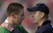 23 June 2002; Cork manager Larry Tompkins has a word with Kerry captain Darragh O'Se after the final whistle. Cork v Kerry, Bank of Ireland Munster Football Championship semi-final, Pairc Ui Chaoimh, Cork. Picture credit; Brendan  Moran / SPORTSFILE *EDI*