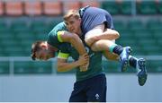 16 June 2017; Garry Ringrose of Ireland carries team-mate Jack Conan during the captain's run in the Shizuoka Stadium Epoca in Fukuroi, Shizuoka Prefecture, Japan. Photo by Brendan Moran/Sportsfile