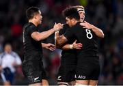 16 June 2017; Ardie Savea, 8, is congratulated by his New Zealand team-mates Anton Lienert-Brown, left, and Sam Cane after scoring his side's third try during the International Test match between the New Zealand All Blacks and Samoa at Eden Park in Auckland, New Zealand. Photo by Stephen McCarthy/Sportsfile