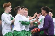 16 June 2017; Limerick Desmond goalkeeper Ethan Hurley is congratulated by his team-mates after he saved the winning penalty during the SFAI Umbro Kennedy Cup Plate Final match between Limerick Desmond and North Dublin Schoolboys League at the University of Limerick in Limerick. Photo by Matt Browne/Sportsfile