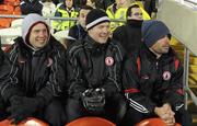 28 January 2012; Sean Cavanagh, Pascal McConnell and Ryan McMenamin, Tyrone players coming back from injury, sitting in the team dugout near the end of the game. Power NI Dr. McKenna Cup Final, Derry v Tyrone, Morgan Athletic Grounds, Armagh. Picture credit: Oliver McVeigh / SPORTSFILE