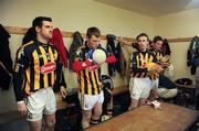 5 February 2012; Kilkenny players, from left, J.J. Grace, Declan Grennan, Peter McBride and Stephen Duggan, listen to last minute instructions before leaving the dressing room for the game. Allianz Football League, Division 4, Round 1, Kilkenny v Wicklow, Freshford GAA Grounds, Freshford, Co. Kilkenny. Picture credit: Ray McManus / SPORTSFILE