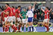 5 February 2012; Referee Wayne Barnes awards a late penalty to Wales. RBS Six Nations Rugby Championship, Ireland v Wales, Aviva Stadium, Lansdowne Road, Dublin. Picture credit: Stephen McCarthy / SPORTSFILE