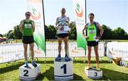 17 June 2017; Men's race medallists, from left, Sean Hehir, silver, Kevin Maunsell, gold and John Coghlan, bronze, following the Irish Runner 5 Mile at the Phoenix Park in Dublin. Photo by Sam Barnes/Sportsfile