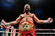 17 June 2017; Jono Carroll celebrates defeating John Quigley in their IBF East/West Europe super featherweight title bout at the Battle of Belfast Fight Night at the Waterfront Hall in Belfast. Photo by Ramsey Cardy/Sportsfile