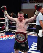 17 June 2017; Paddy Barnes celebrates after defeating Silvio Olteanu during their WBO European flyweight title bout at the Battle of Belfast Fight Night at the Waterfront Hall in Belfast. Photo by Ramsey Cardy/Sportsfile