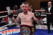 17 June 2017; Paddy Barnes celebrates after defeating Silvio Olteanu during their WBO European flyweight title bout at the Battle of Belfast Fight Night at the Waterfront Hall in Belfast. Photo by Ramsey Cardy/Sportsfile