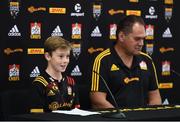 18 June 2017; 10-year-old Chiefs selector Sam Webb announces the Chiefs team to play the British and Irish Lions in the company of Chiefs head coach Dave Rennie during a press conference in Hamilton, New Zealand. Photo by Stephen McCarthy/Sportsfile