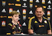 18 June 2017; 10-year-old Chiefs selector Sam Webb announces the Chiefs team to play the British and Irish Lions in the company of Chiefs head coach Dave Rennie during a press conference in Hamilton, New Zealand. Photo by Stephen McCarthy/Sportsfile