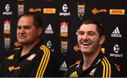 18 June 2017; Stephen Donald and Chiefs head coach Dave Rennie, left, during a press conference in Hamilton, New Zealand. Photo by Stephen McCarthy/Sportsfile