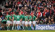 5 February 2012; The Ireland team gather together after Wales scored their first try of the game. RBS Six Nations Rugby Championship, Ireland v Wales, Aviva Stadium, Lansdowne Road, Dublin. Picture credit: Brendan Moran / SPORTSFILE