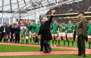 5 February 2012; President of Ireland Michael D. Higgins waves to the crowd after meeting the teams before the game. RBS Six Nations Rugby Championship, Ireland v Wales, Aviva Stadium, Lansdowne Road, Dublin. Picture credit: Brendan Moran / SPORTSFILE