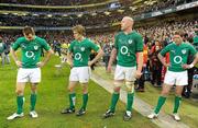 5 February 2012; Dejected Ireland players, from left, Tommy Bowe, Andrew Trimble, Paul O'Connell and Ronan O'Gara after the game. RBS Six Nations Rugby Championship, Ireland v Wales, Aviva Stadium, Lansdowne Road, Dublin. Picture credit: Brendan Moran / SPORTSFILE