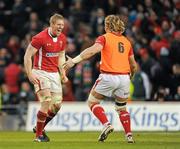 5 February 2012; Wales players Bradley Davis and substitute Andy Powell celebrate after the game. RBS Six Nations Rugby Championship, Ireland v Wales, Aviva Stadium, Lansdowne Road, Dublin. Picture credit: Brendan Moran / SPORTSFILE