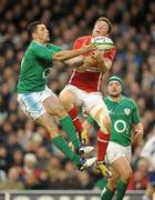 5 February 2012; Rob Kearney, Ireland, contests a high ball with Rhys Priestland, Wales. RBS Six Nations Rugby Championship, Ireland v Wales, Aviva Stadium, Lansdowne Road, Dublin. Picture credit: Brendan Moran / SPORTSFILE