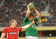5 February 2012; Donncha O'Callaghan, Ireland, wins possession in a lineout against Bradley Davies, Wales. RBS Six Nations Rugby Championship, Ireland v Wales, Aviva Stadium, Lansdowne Road, Dublin. Picture credit: Brendan Moran / SPORTSFILE