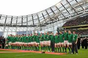 5 February 2012; The Ireland squad lineup for the National Anthem before the game. RBS Six Nations Rugby Championship, Ireland v Wales, Aviva Stadium, Lansdowne Road, Dublin. Picture credit: Brendan Moran / SPORTSFILE