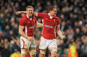 5 February 2012; Wales players Bradley Davies and Ian Evans, right, celebrate their side's victory. RBS Six Nations Rugby Championship, Ireland v Wales, Aviva Stadium, Lansdowne Road, Dublin. Picture credit: Stephen McCarthy / SPORTSFILE