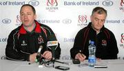 7 February 2012; Operations Director of Ulster Rugby David Humphreys, left, and head coach Brian McLaughlin during a press conference ahead of their Celtic League game against Dragons on Friday. Ulster Rugby Press Conference, Newforge Country Club, Belfast, Co. Antrim. Picture credit: John Dickson / SPORTSFILE